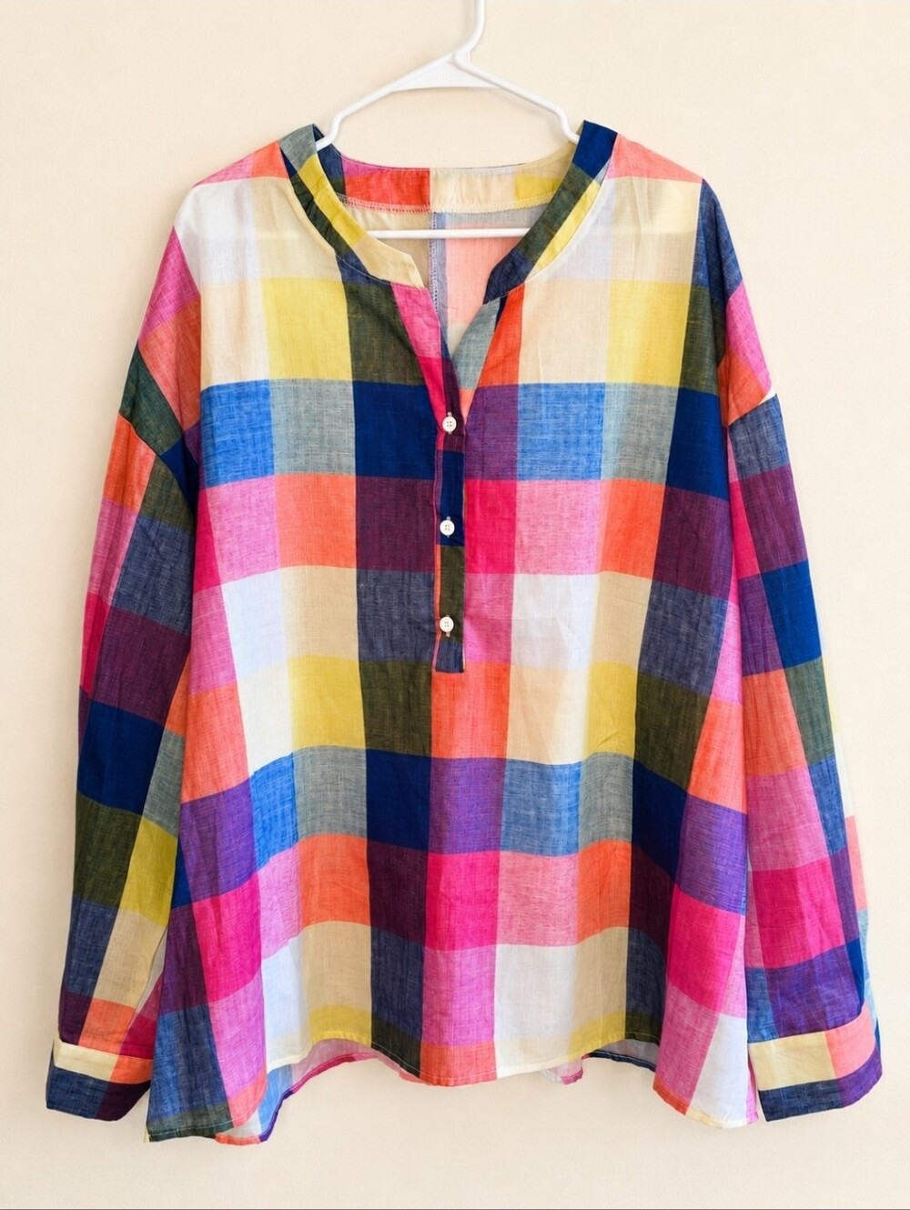 Multicolor Plaid Blouse Women's Size 5XL Oversized Sheer Lightweight Long Sleeve